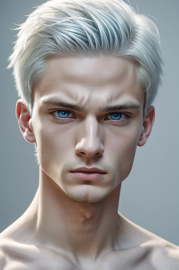 anime, young guy, high, sexy, handsome, marked jaw, medium short white hair, very light blue eyes, porcelain white skin and a toned body, large eyes, expression of indifference, small nose, full but not exaggerated lips
