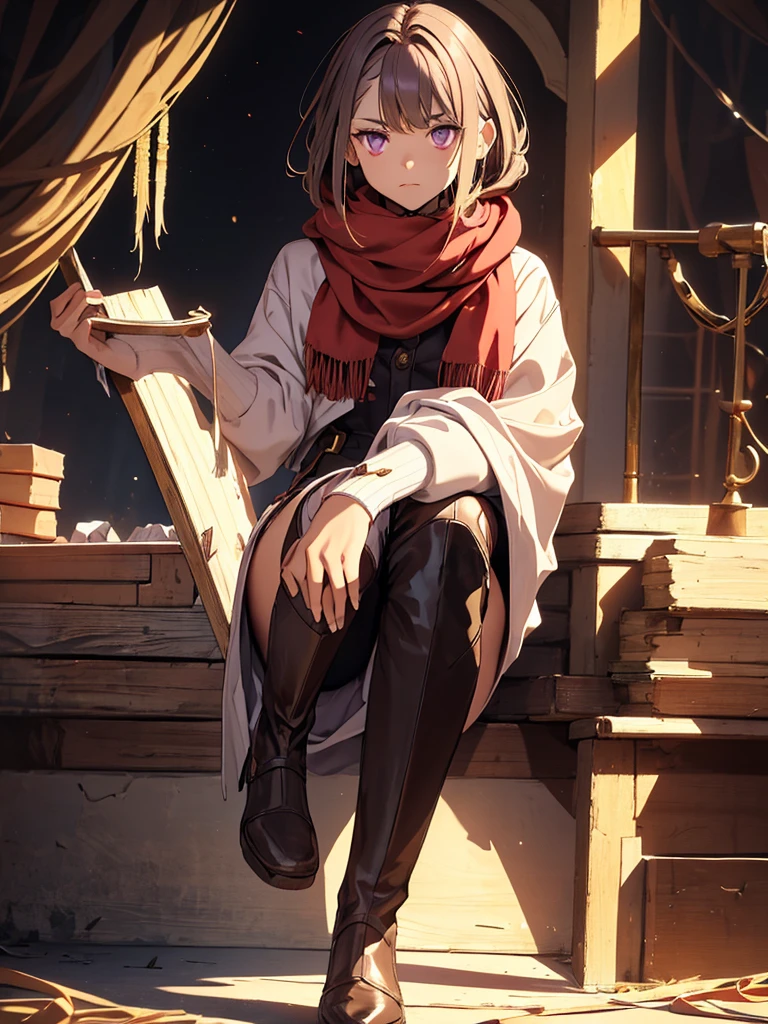 Create a character, that is around 12 years old, with long brown hair and fringes that reach to the eyebrows, with violet eyes, he is wearing a kind of long white sweater and on top of it a red scarf that reaches to his feet., He wears somewhat wide pants with bandages tied to his right leg where he keeps some weapons.. and she is also wearing brown boots that reach a little below her knees with gold brooches on each one..