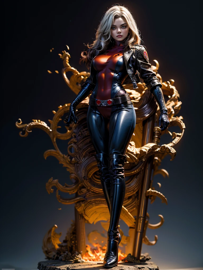 Margot Robbie、masterpiece、High quality 4K、villain (X-Men)、Gothic Girl、Sculpted Body Gothic Makeup、Black jacket、Red and blue bodysuit、masterpiece、Highest quality、Cowboy Shots、One personの女の子、One person、Technology Military Bodysuit、fringe