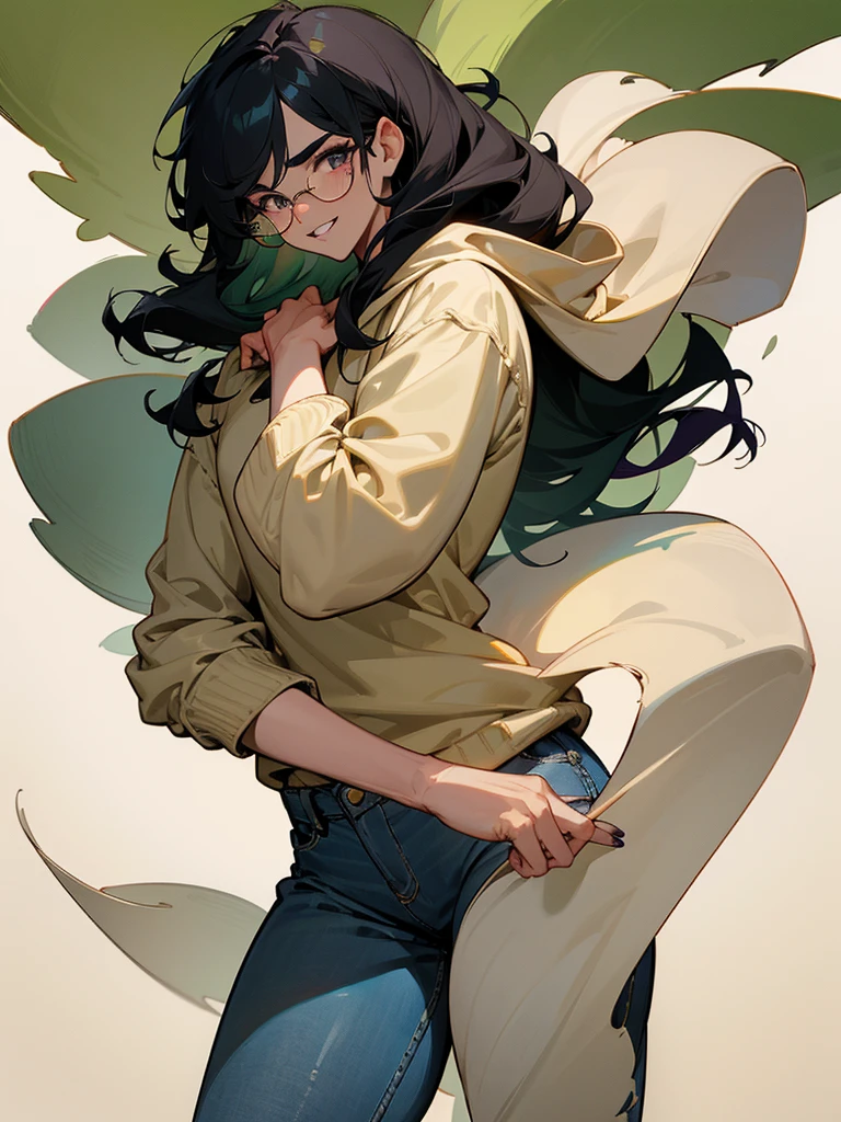A handsome young man with curly, fluffy black hair, hooded almond-shaped eyes in a mossy green color, smooth and soft olive-toned skin, defined facial features, a slender, triangular body shape, a straight nose with a soft tip, plump, full lips with a pronounced Cupid's bow, a wide mouth, long lashes, tall stature with large hands and dark purple painted nails, a chiseled jawline, high cheekbones, and thick straight eyebrows, yet with a gentle demeanor. He wears a white shirt, a beige sweater on top, loose light blue denim jeans, and white shoes. He has rectangular thin-framed glasses and a "messy cut" hairstyle. His smile is kind and welcoming, with perfectly white teeth despite having sharp canines.