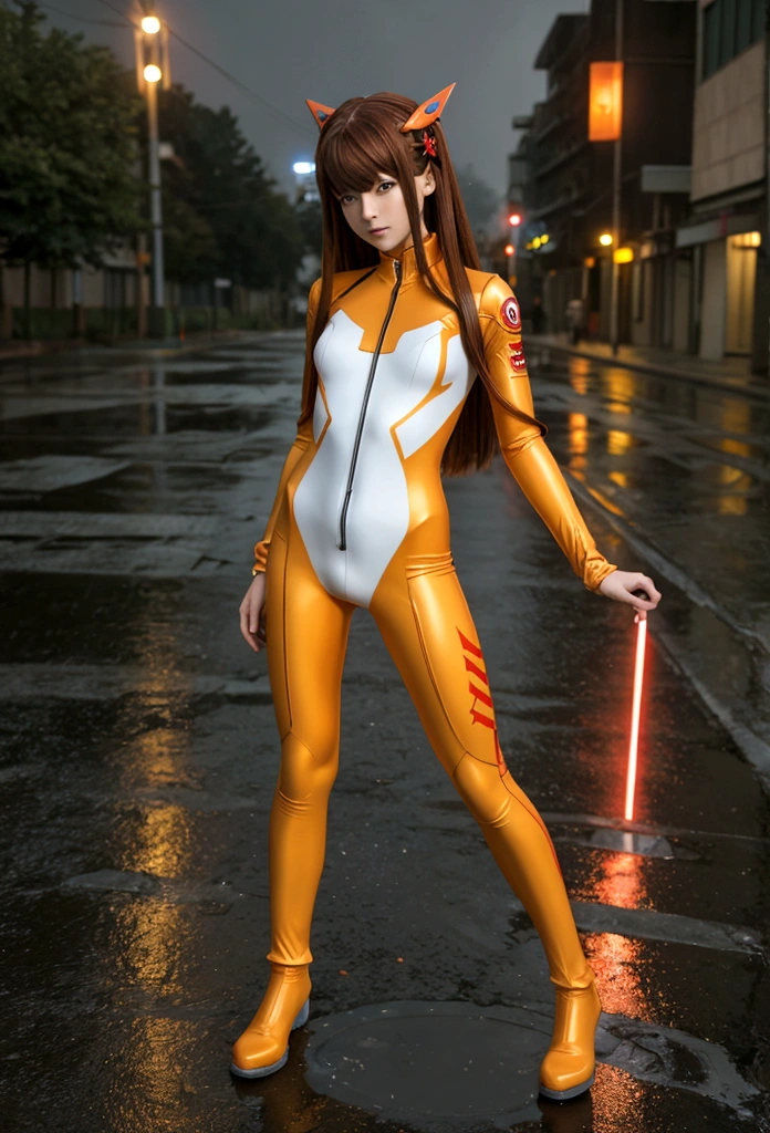 best quality, masterpiece, realistic, photorealistic, 1girl, solo, looking at viewer, full body, standing, long hair, asuka cosplay costume, cosplay, plugsuit, bodysuit, hair ornament, detailed background, in street, night, light, rain, 