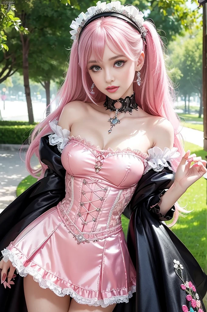 sexy stylish Swedish model, only 1 female, ((doll-like appearance)), long neon pink stylish hair, ((shiny Victorian-Style boots)), (beautiful smile), very detailed eyes, very detailed eye makeup, lipgloss, long lashes, defined eyebrows, ((sexy Paradise Kiss cosplay)), bell-shaped skirt, petticoats, high neckline, puffed sleeves, (( ultra detailed lace)), ((ultra detailed embroidery)), intricate details, Paradise Kiss accessoires and matching headpiece, choker, ((large sparkling Paradise Kiss jewelry)), cinematic light, detailed large park background with trees
