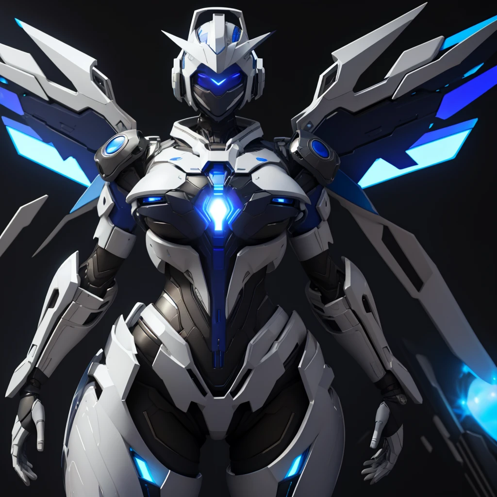 Dronificated unknown naked woman in a with star shaped glowing core in the chest, fully enclosed cyber helmet that cover her whole face and hides her identity with a blue screen that has a white star, huge breast, massive chest, narrow waist, wide hips and thick thighs, open Mechanical wings, in a spaceship, no face, no hair, no mouth, no eyes, (perfect anatomy)