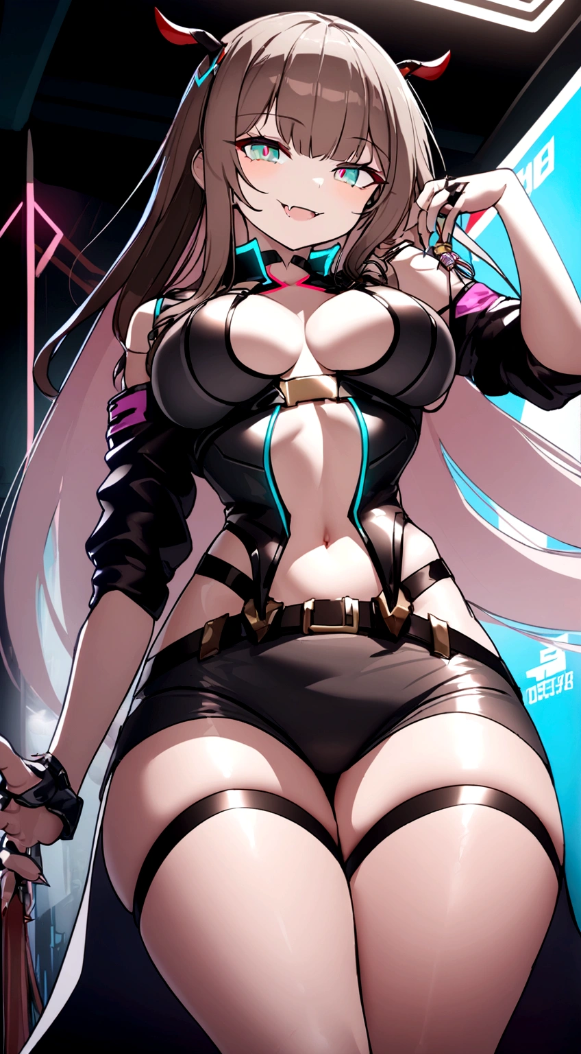 A girl, long brown hair, Heteroromia, left violet eye, Right Golden Eye, Turquoise cyberpunk top, leather jacket, skirt raised, open tummy, Breasts Open, breasts big, pretentious smile, tooth, fangs, claws, high qualiy, 4K, High definition, bom detalhe