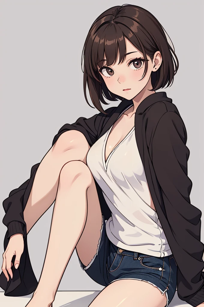 (((masterpiece, best quality, ultra highres, 1 girl, solo, no background))), super detailed skin and face and eyes and finger, beautiful japanese woman, small breasts:1.5, skinny, light brown hair, white background, very short pixie hair, (an illustration of girl), Knee shot, Generate with illustrations, Various expressions, Various poses, Please draw the entire character within the frame, ensuring that the head, arms, and legs are not cut off. The background should be simple, with the character positioned centrally, outline, anime, casual fashion,
