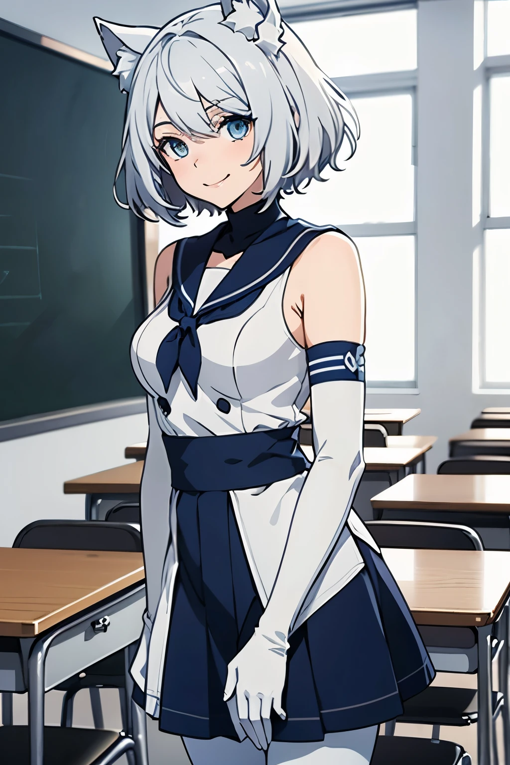 Tabletop Best image quality wonderful Attention to detail One Young Woman((Adult))Anime Style White Sailor Suit(Sleeveless) Navy Blue Skirt(Knee-length) snow-white gloves(Elbow Gloves) White Pantyhose(Plain) White wolf ears short hair((Shortcuts)(Gray Hair)(Curly Hair)(fluffy)) smile(Happy) Eye color is blue background(classroom) Are standing
