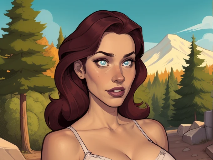 Character style Cartoon style digital illustration GTA style female style beautiful breasts symmetrical medium breasts Fiona with war marks Cartoon image of a woman .Illustrates??cartoon style, cartoon art style, cartoon art style, digital illustration style, atompunk style highly detailed character design, courage detailed digital art, Forest Fan Art, Portrait Character Design, beautiful digital illustration, high-quality portrait, comic book art, young woman with beautiful hair . Eyelined eyes Medium large bust and wonderful sexy clothes.