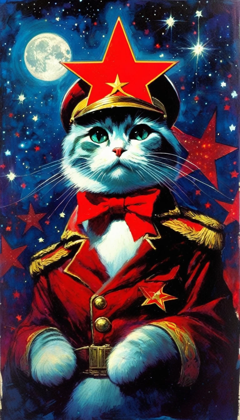 1communist cat, red star, magic, fantastic, night sky, moon, stars, background, (art inspired in Bill Sienkiewicz). oil painting)