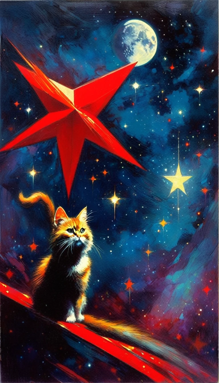 1communist cat, red star, magic, fantastic, night sky, moon, stars, background, (art inspired in Bill Sienkiewicz). oil painting)
