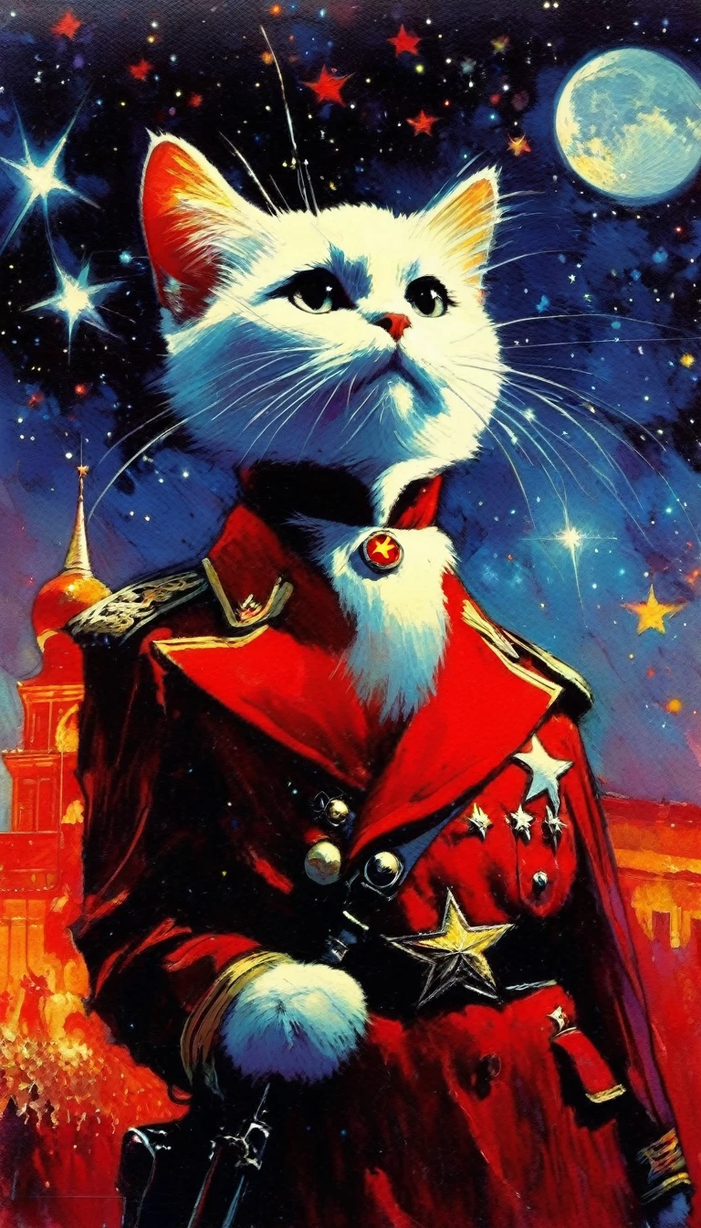 1communist cat, red star, magic, fantastic, night sky, moon, stars, background, (art inspired in Bill Sienkiewicz). oil painting)