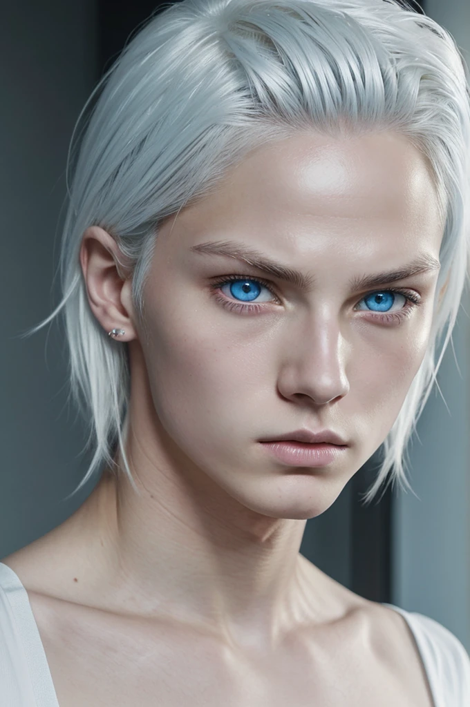 anime, young guy, high, , handsome, marked middle jaw marked, medium length white hair above her shoulders, very light blue eyes, porcelain white skin and a toned body, large eyes, expression of indifference, small nose, full but not exaggerated lips, with a piercing in his lip 