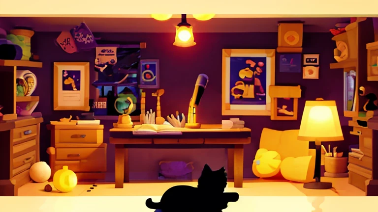 black cat studying at night in his super decorated room with a lamp with almost no lighting(just a little light from the lamp on the table