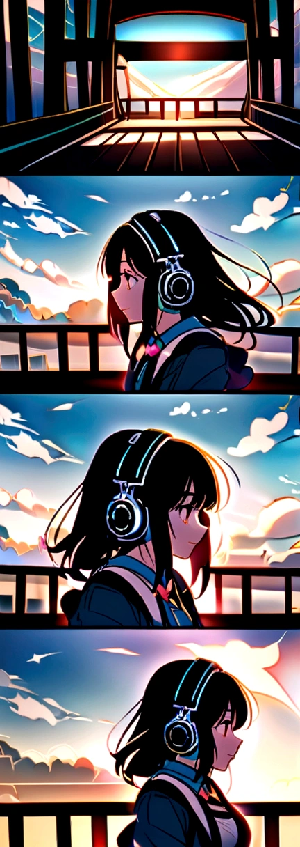A girl wearing headphones is facing each other on an elevated road，Blue sky and white clouds，
