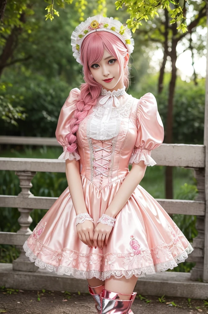 sexy stylish Swedish model, only 1 female, ((doll-like appearance)), long neon pink stylish hair, ((shiny Victorian-Style boots)), (beautiful smile), very detailed eyes, very detailed eye makeup, lipgloss, long lashes, defined eyebrows, ((sexy Paradise Kiss cosplay)), bell-shaped skirt, petticoats, high neckline, puffed sleeves, (( ultra detailed lace)), ((ultra detailed embroidery)), intricate details, Paradise Kiss accessoires and matching headpiece, choker, ((large sparkling Paradise Kiss jewelry)), cinematic light, detailed large park background with trees