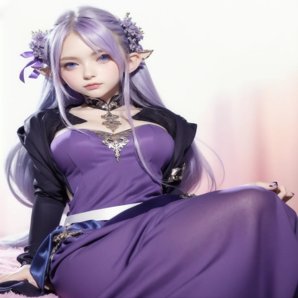 human with thin face, lilac hair and white skin with blue eyes, wear a lilac dress