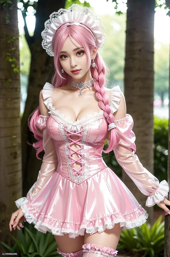 sexy stylish Swedish model, only 1 female, ((doll-like appearance)), long neon pink stylish hair, ((shiny Victorian-Style boots)), (beautiful smile), very detailed eyes, vivid eye makeup, lipgloss, long lashes, defined eyebrows, ((sexy Paradise Kiss cosplay)), bell-shaped skirt, petticoats, high neckline, puffed sleeves, (( ultra detailed lace)), ((ultra detailed embroidery)), intricate details, Paradise Kiss accessoires and matching headpiece, choker, ((large sparkling Paradise Kiss jewelry)), cinematic light, detailed large park background with trees
