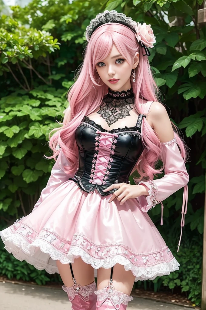 sexy stylish Swedish model, only 1 female, ((doll-like appearance)), long neon pink stylish hair, ((shiny Victorian-Style boots)), (beautiful smile), very detailed eyes, vivid eye makeup, lipgloss, long lashes, defined eyebrows, ((sexy Paradise Kiss cosplay)), bell-shaped skirt, petticoats, high neckline, puffed sleeves, (( ultra detailed lace)), ((ultra detailed embroidery)), intricate details, Paradise Kiss accessoires and matching headpiece, choker, ((large sparkling Paradise Kiss jewelry)), cinematic light, detailed large park background with trees