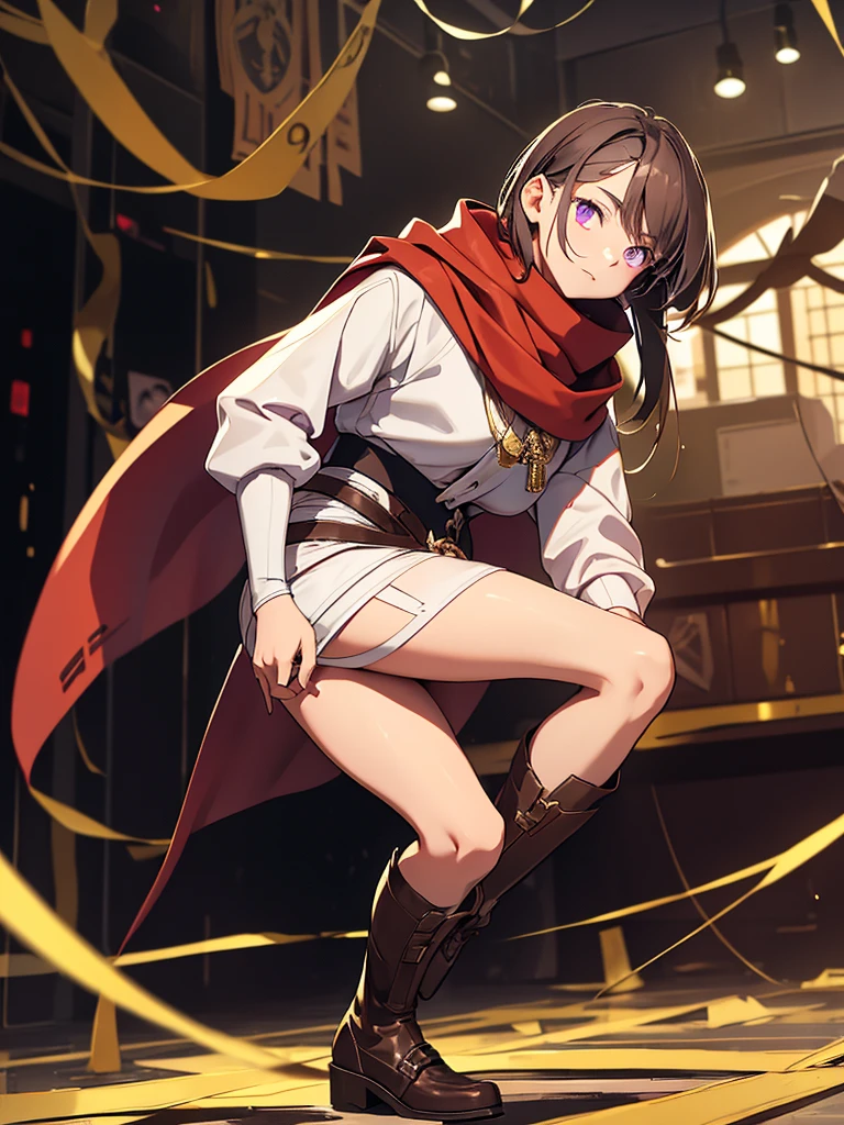 create a male character, that is around 12 years old, with long brown hair and fringes that reach to the eyebrows, with violet eyes, he is wearing a kind of long white sweater and on top of it a red scarf that reaches to his feet., He wears somewhat wide pants with bandages tied to his right leg where he keeps some weapons.. and she is also wearing brown boots that reach a little below her knees with gold brooches on each one..