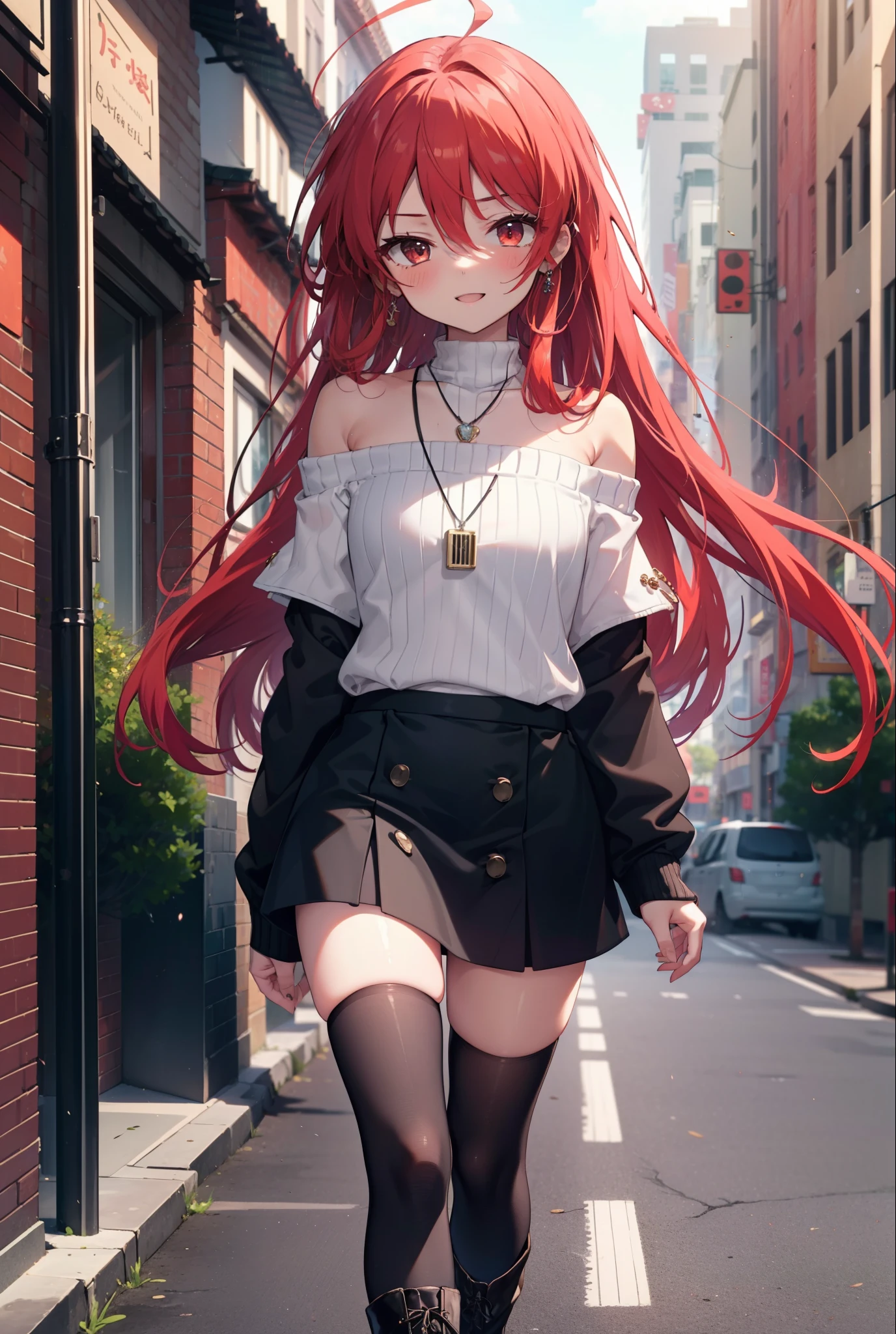 Shana,灼眼のShana,Long Hair, Red Hair, Red eyes,Ahoge,happy smile, smile, Open your mouth,Oversized off-the-shoulder sweater,Bare shoulders,bare clavicle,Bare neck,Locket Necklace,black long skirt,short boots,Daytime,sunny,Walking,whole bodyがイラストに入るように, break outdoors, Building district, break looking at viewer, whole body, break (masterpiece:1.2), Highest quality, High resolution, unity 8k wallpaper, (shape:0.8), (Beautiful attention to detail:1.6), Highly detailed face, Perfect lighting, Highly detailed CG, (Perfect hands, Perfect Anatomy),