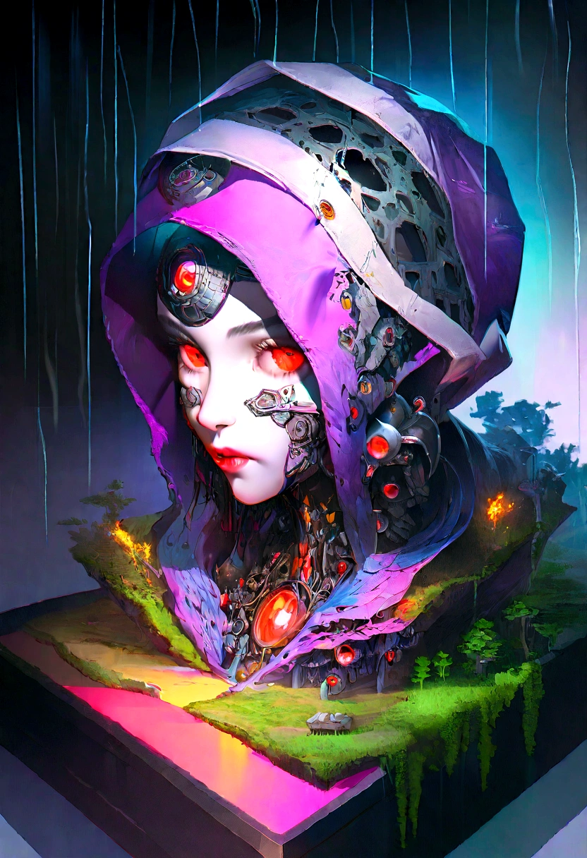 masterpiece, cyborg, The body is glamorous、, Wearing a hood, Shrouded in shadow, , Positano colours, Completely in frame, whole body, Emits electrical energy, whole body, Beautiful anime waifu style man, Ultra-detailed CG paintings, Luminism, Art by Kahn Griffith and Vadim Kashin Concept Art, 8K resolution, Fractal isometric details Bioluminescence , complicatedly detailed , Cinematic, trending on art station Isometric Centered hyper Realistic cover photo awesome full color, Grainy, Realistic, complicated, Hit definition , Cinematic, Bold, Vibrant, amazing, Super high quality model、Being pelted by rain in the dark、Controlling Lightning、Red eyes