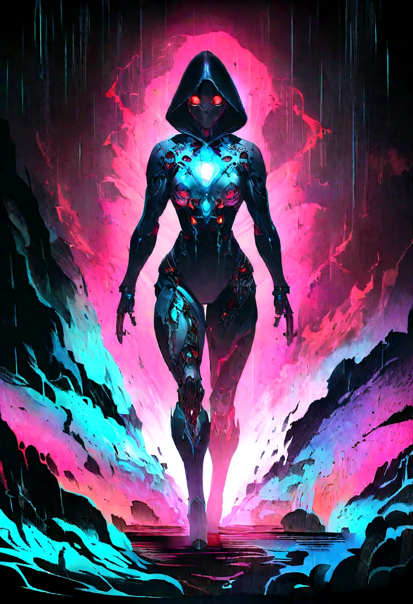 masterpiece, cyborg, The body is glamorous、, Wearing a hood, Shrouded in shadow, , Positano colours, Completely in frame, whole body, Emits electrical energy, whole body, Beautiful anime waifu style man, Ultra-detailed CG paintings, Luminism, Art by Kahn Griffith and Vadim Kashin Concept Art, 8K resolution, Fractal isometric details Bioluminescence , complicatedly detailed , Cinematic, trending on art station Isometric Centered hyper Realistic cover photo awesome full color, Grainy, Realistic, complicated, Hit definition , Cinematic, Bold, Vibrant, amazing, Super high quality model、Being pelted by rain in the dark、Controlling Lightning、Red eyes