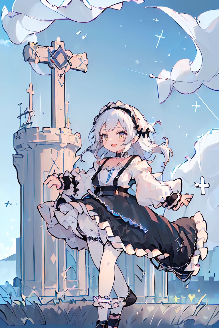 1 girl, solo, full body, standing, background with((celtic world, irish world, beautiful sky, shining sky, sunshine, castle, horizon:1.55)), girl with(((medium hair, long hair, one side up:1.55), (perfect hands, five fingers:1.55), (camisoles, suspenders, belt, blue clothes, cross, choker, collarbone, dress, wind blowing dress, lace dress, frills camisoles, off-shoulder sleeves, half-sleeves, black pumps, black footwear:1.55), ((white legwear, single legwear:1.55)))