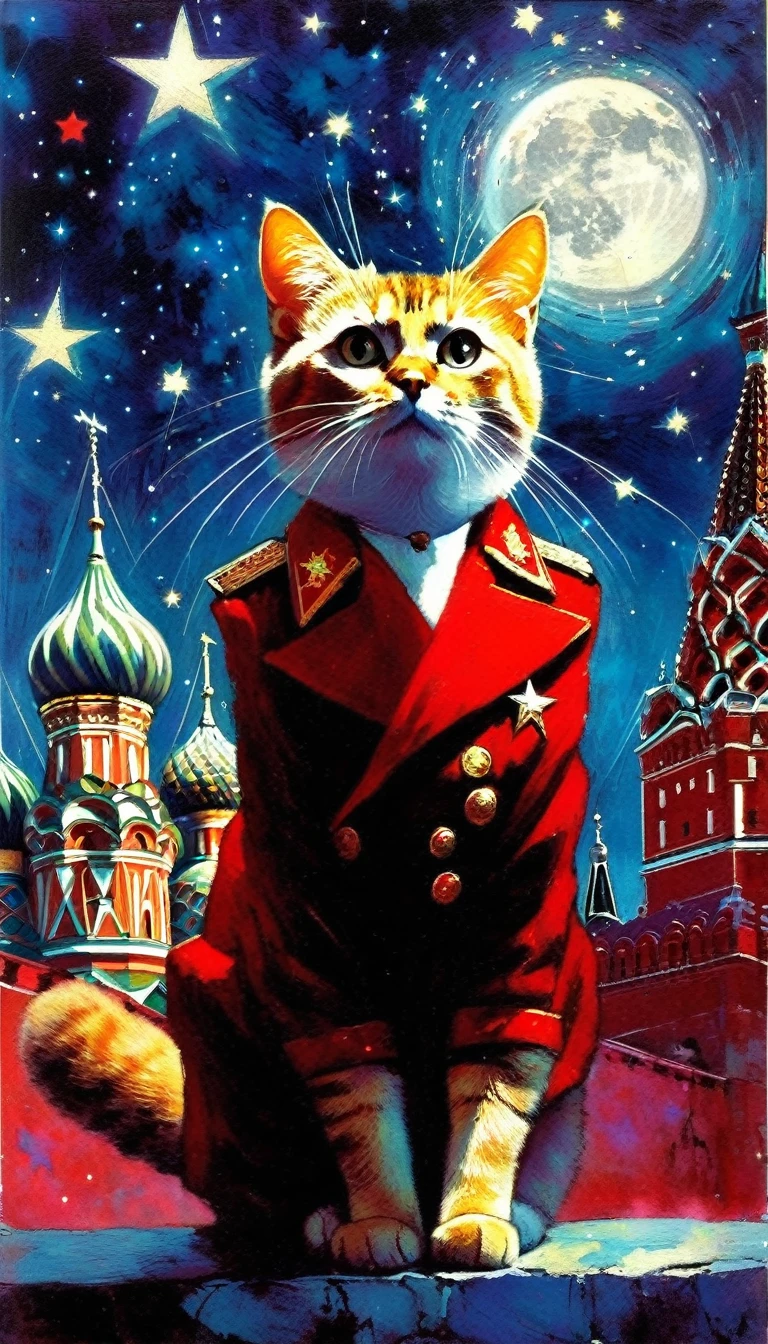 1communist cat, red star, magic, fantastic, night sky, moon, stars, background, Moscow (art inspired in Bill Sienkiewicz). oil painting)