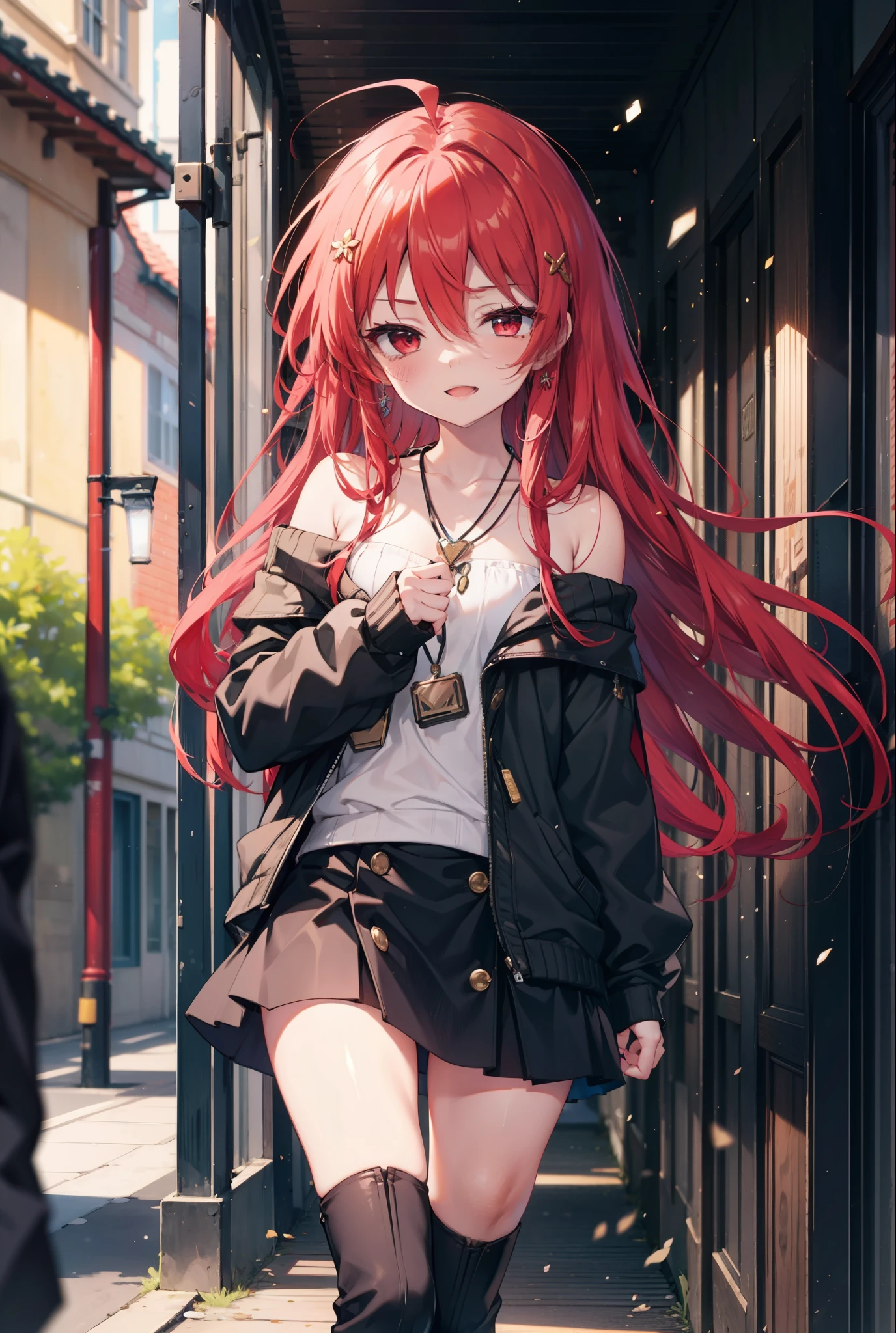 Shana,灼眼のShana,Long Hair, Red Hair, Red eyes,Ahoge,happy smile, smile, Open your mouth,Oversized off-the-shoulder sweater,Bare shoulders,bare clavicle,Bare neck,Locket Necklace,black long skirt,short boots,Daytime,sunny,Walking,whole bodyがイラストに入るように, break outdoors, Building district, break looking at viewer, whole body, break (masterpiece:1.2), Highest quality, High resolution, unity 8k wallpaper, (shape:0.8), (Beautiful attention to detail:1.6), Highly detailed face, Perfect lighting, Highly detailed CG, (Perfect hands, Perfect Anatomy),