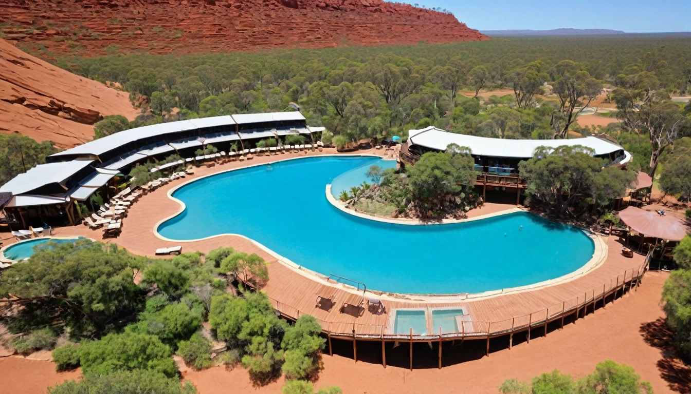 7. Image 7: Sandover Oasis Resort
Description: A panoramic view of the Sandover Oasis Resort, with its thermal pools and lush landscapes. Tourists relax in the hot springs, enjoying the luxury of the resort.
Location: Sandover, Australia.