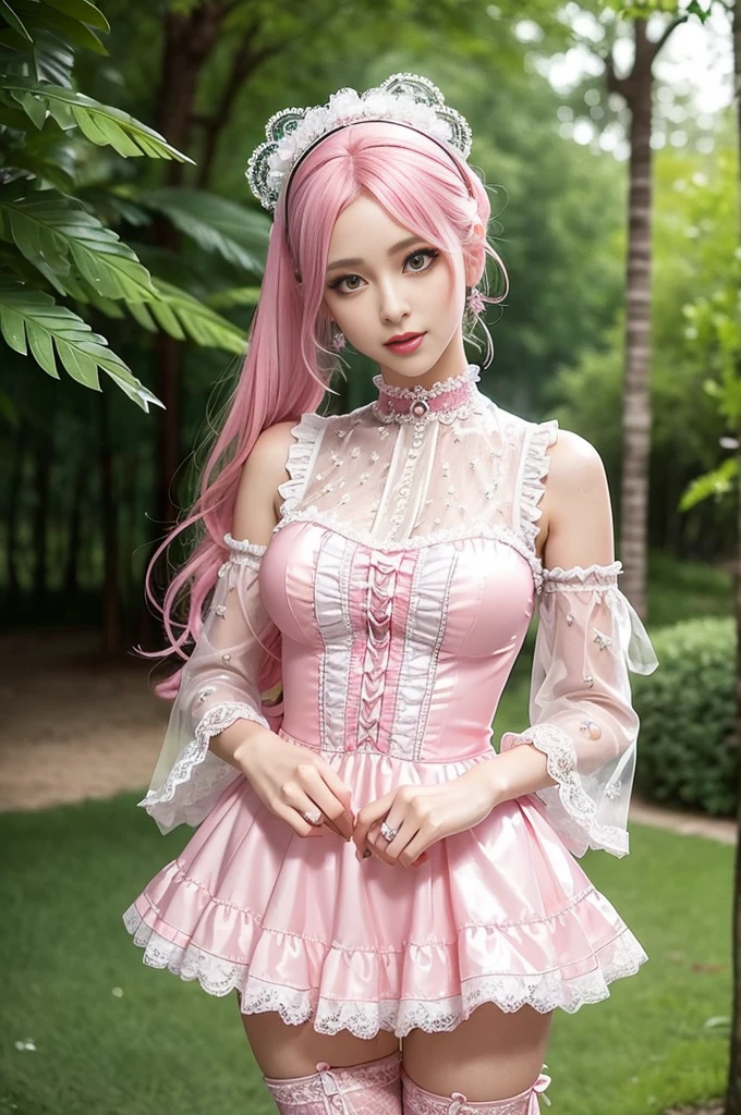 sexy stylish Swedish model, only 1 female, ((doll-like appearance)), long neon pink stylish hair, ((shiny Victorian-Style boots)), (beautiful smile), very detailed eyes, vivid eye makeup, lipgloss, long lashes, defined eyebrows, ((sexy Paradise Kiss cosplay)), bell-shaped skirt, petticoats, high neckline, puffed sleeves, (( ultra detailed lace)), ((ultra detailed embroidery)), intricate details, Paradise Kiss accessoires and matching headpiece, choker, ((large sparkling Paradise Kiss jewelry)), cinematic light, detailed large park background with trees