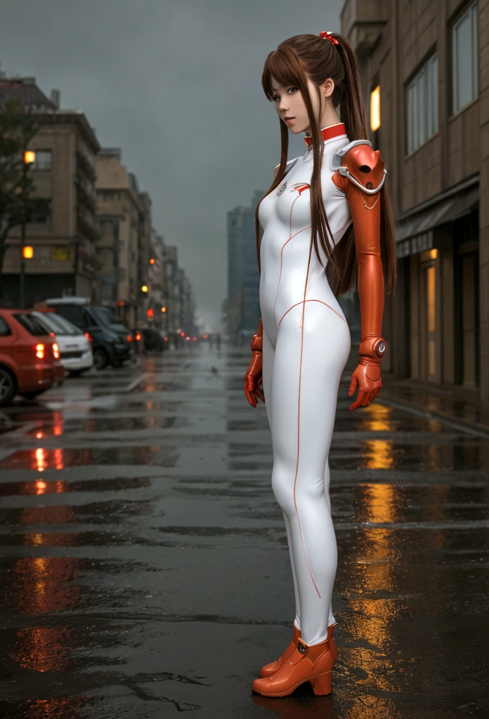 best quality, masterpiece, realistic, photorealistic, 1girl, solo, looking at viewer, full body, standing, long hair, asuka cosplay costume, cosplay, plugsuit, bodysuit, hair ornament, detailed background, in street, night, light, rain, 