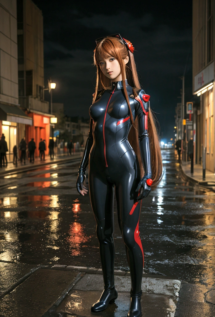 best quality, masterpiece, realistic, photorealistic, 1girl, solo, looking at viewer, full body, standing, long hair, asuka cosplay costume, cosplay, plugsuit, bodysuit, hair ornament, detailed background, in street, night, light, rain, 