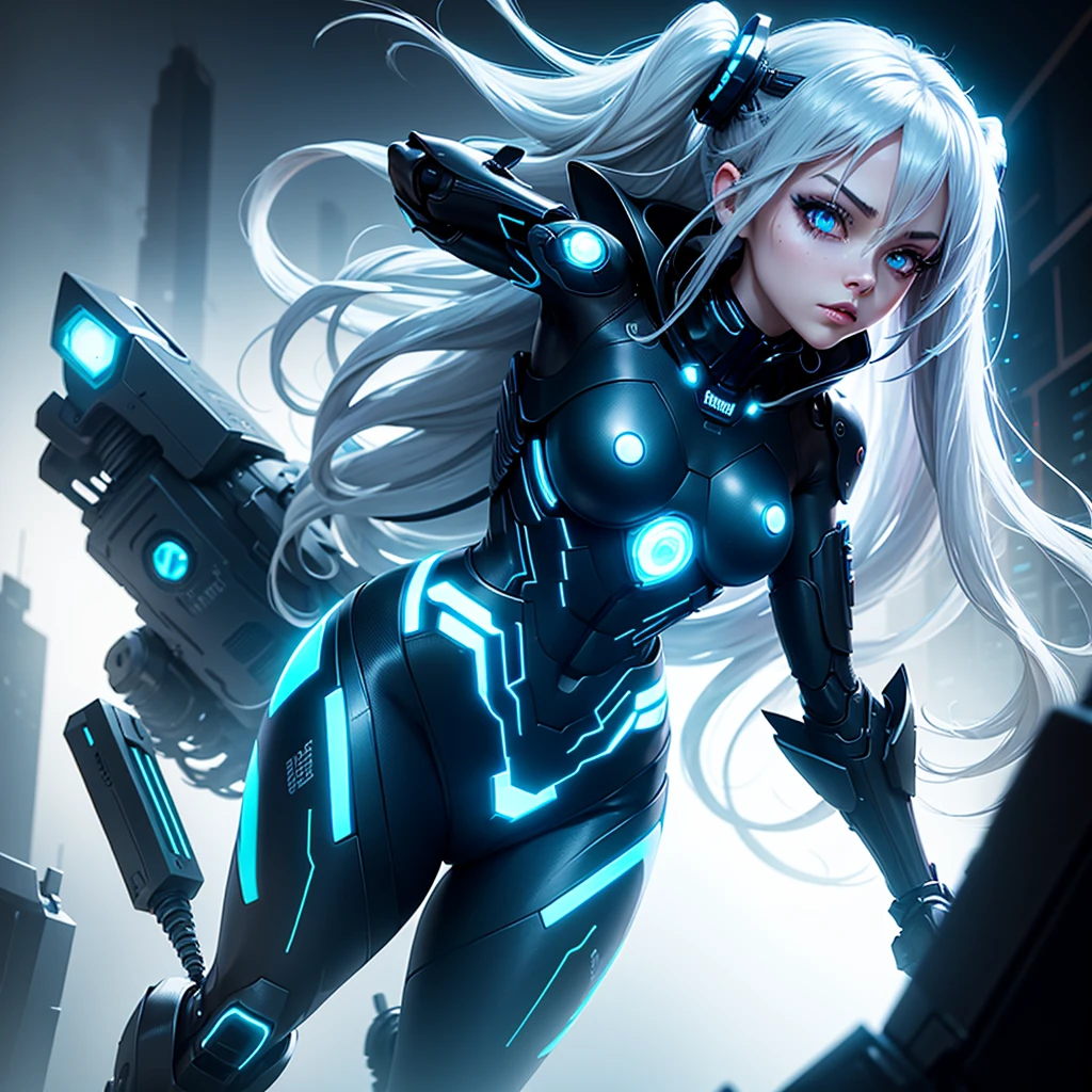 Android girl with long silver hair in a black suit with small blue elements woman sexy hips half cyborg modification Beautiful sexy, with black eyes like a demon, stands sideways Anime Style background Cyberpunk metropolis glass showcase neon lights style, Robot Girl, gloomy image background with white glow lines night black city and neon lights of dark blue color