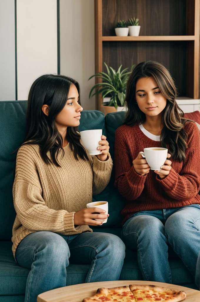 I want an image of two girls that are sitting in front of each other on couches and they're talking. There is a slice of pizza in thr hand of one of them and a cup of half tea in the hand of the other one. Which has a slice of pizza should be stretched on the couch.
They're discussing.
