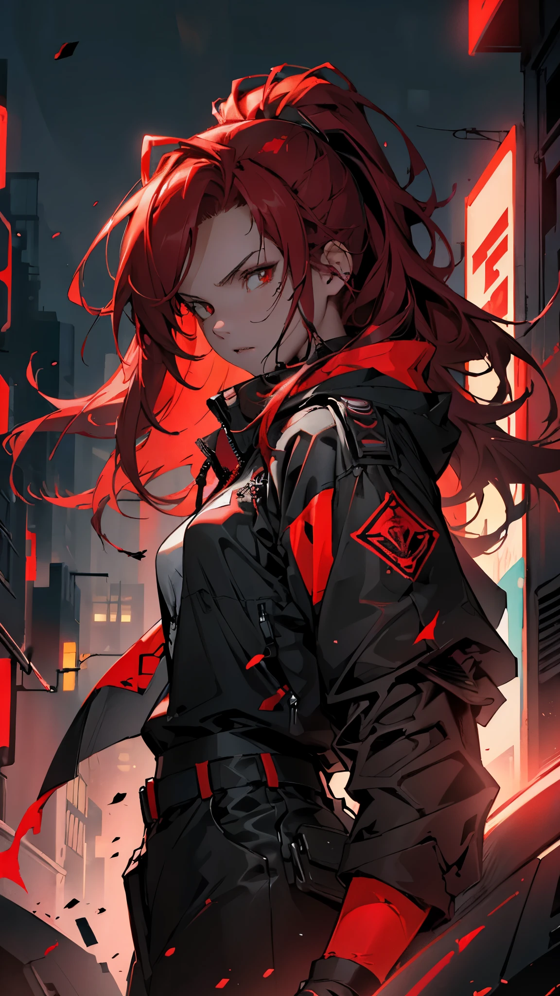 (masterpiece, best quality, Detailed), detailed face. A cinematographic scene of a serious badass long red hair girl, red eyes, with black techwear clothes, Neon lights and buildings background.
