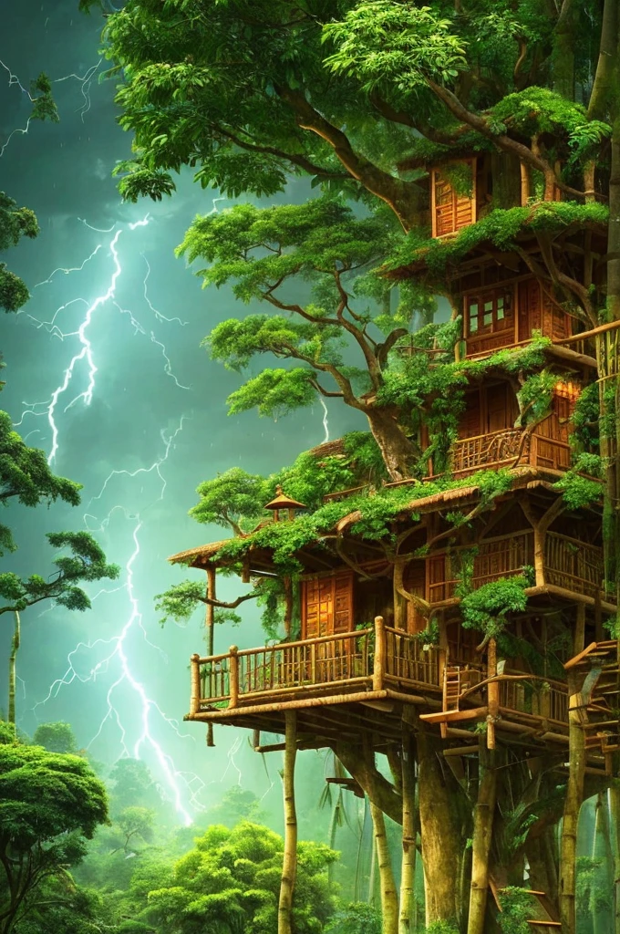 a parable of a monkey leaving his tree house, with rain outside, with lightning and thunder , In the middle of the dense jungle there are many trees , In the middle of the trees there are lights with thunder flashes , there is a bamboo slide, green full of leaves, with a consoling landscape for a beautiful story to tell.