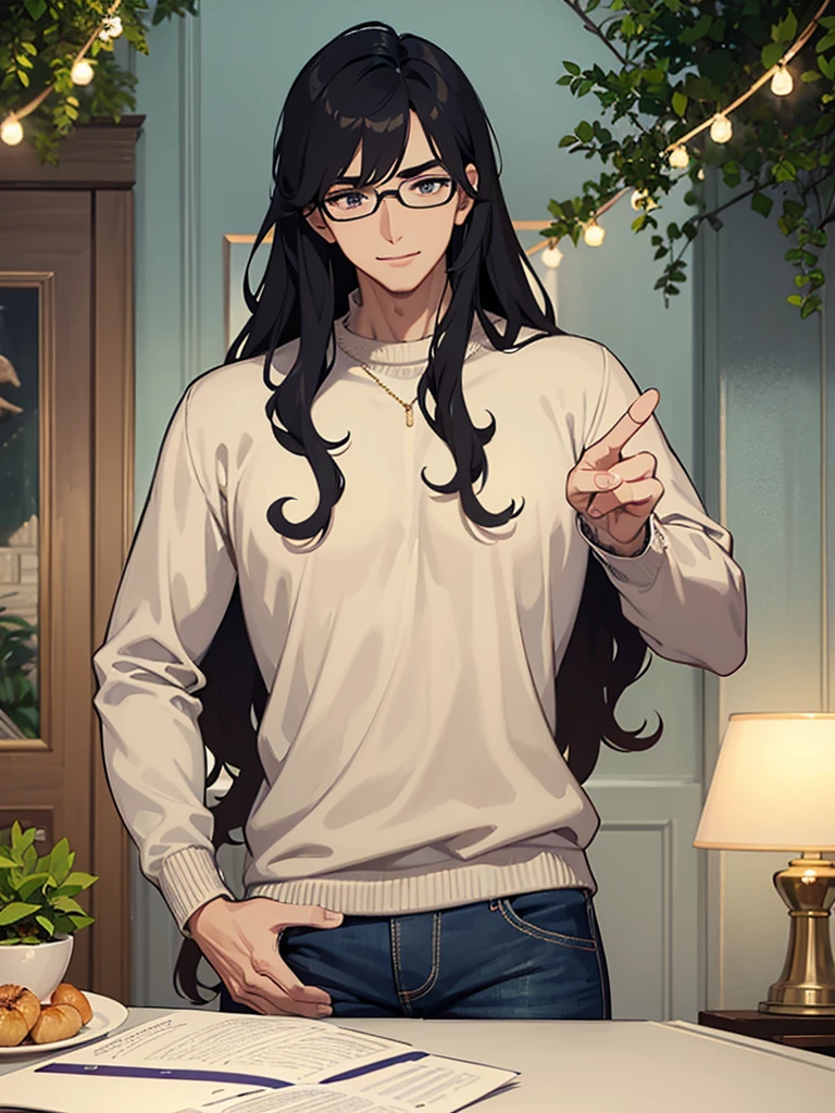 A handsome young man with curly, fluffy black hair, hooded almond-shaped eyes in a mossy green color, smooth and soft olive-toned skin, defined facial features, a slender, triangular body shape, a straight nose with a soft tip, plump, full lips with a pronounced Cupid's bow, a wide mouth, long lashes, tall stature with large hands and dark purple painted nails, a chiseled jawline, high cheekbones, and thick straight eyebrows, yet with a gentle demeanor. He wears a white shirt, a beige sweater on top, loose light blue denim jeans, and white shoes. He has rectangular thin-framed glasses and a "messy cut" hairstyle. His smile is kind and welcoming, with perfectly white teeth despite having sharp canines.