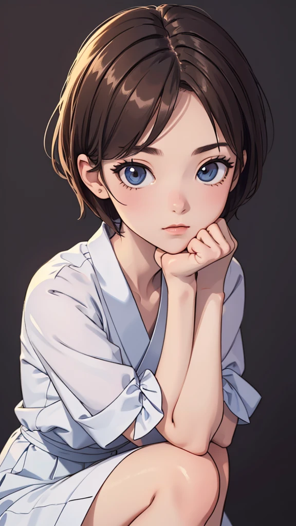 (((masterpiece, best quality, ultra highres, 1 girl, solo, no background))), super detailed skin and face and eyes and finger, beautiful japanese woman, small breasts:1.5, skinny, light brown hair, white background, very short pixie hair, (an illustration of girl), Knee shot, Generate with illustrations, Various expressions, Various poses, Please draw the entire character within the frame, ensuring that the head, arms, and legs are not cut off. The background should be simple, with the character positioned centrally, outline, anime, casual fashion,