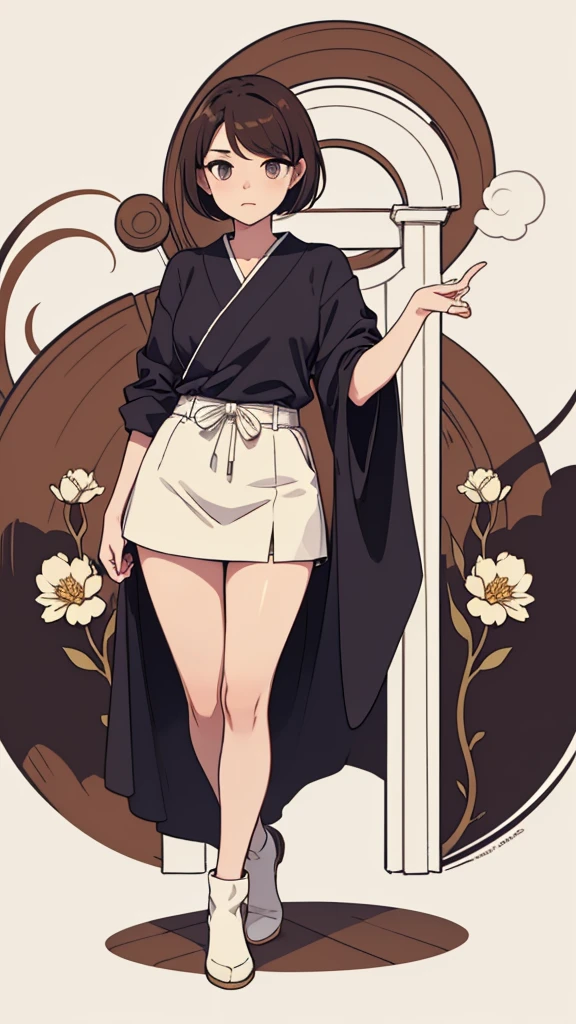 (((masterpiece, best quality, ultra highres, 1 girl, solo, no background))), super detailed skin and face and eyes and finger, beautiful japanese woman, small breasts:1.5, skinny, light brown hair, white background, very short pixie hair, (an illustration of girl), Knee shot, Generate with illustrations, Various expressions, Various poses, Please draw the entire character within the frame, ensuring that the head, arms, and legs are not cut off. The background should be simple, with the character positioned centrally, outline, anime, casual fashion,