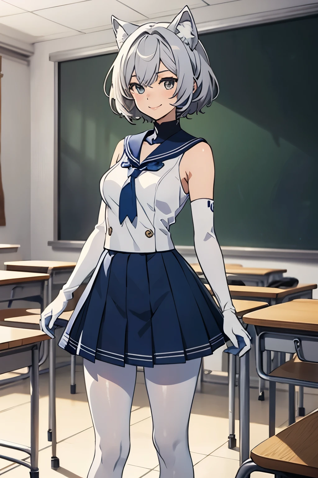 Tabletop Best image quality wonderful Attention to detail One Young Woman((Adult))Anime Style White Sailor Suit(Sleeveless) Navy Blue Skirt(Knee-length) snow-white gloves(Elbow Gloves) White Pantyhose(Plain) White wolf ears short hair((Shortcuts)(Gray Hair)(Curly Hair)(fluffy)) smile(Happy) Eye color is blue background(classroom) Are standing
