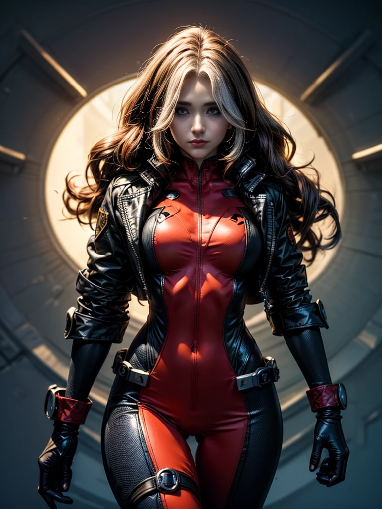 Hayden Panettiere、masterpiece、High quality 4K、villain (X-Men)、Gothic Girl、Sculpted Body Gothic Makeup、Black jacket、Red and blue bodysuit、masterpiece、Highest quality、Cowboy Shots、One personの女の子、One person、Technology Military Bodysuit、fringe