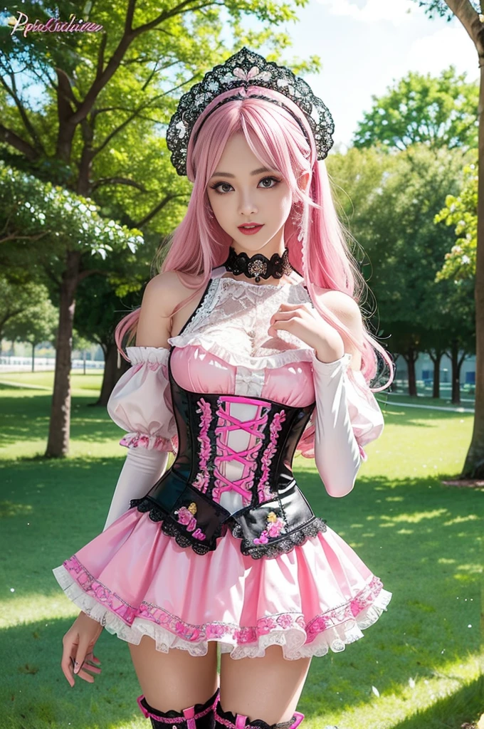 sexy stylish Swedish model, only 1 female, ((doll-like appearance)), long neon pink stylish hair, ((shiny Victorian-Style boots)), (happy smile), very detailed eyes, vivid eye makeup, lipgloss, long lashes, defined eyebrows, ((sexy Paradise Kiss cosplay)), bell-shaped skirt, petticoats, high neckline, puffed sleeves, (( ultra detailed lace)), ((ultra detailed embroidery)), intricate details, Paradise Kiss accessoires and matching headpiece, choker, ((large sparkling Paradise Kiss jewelry)), cinematic light, detailed large park background with trees
