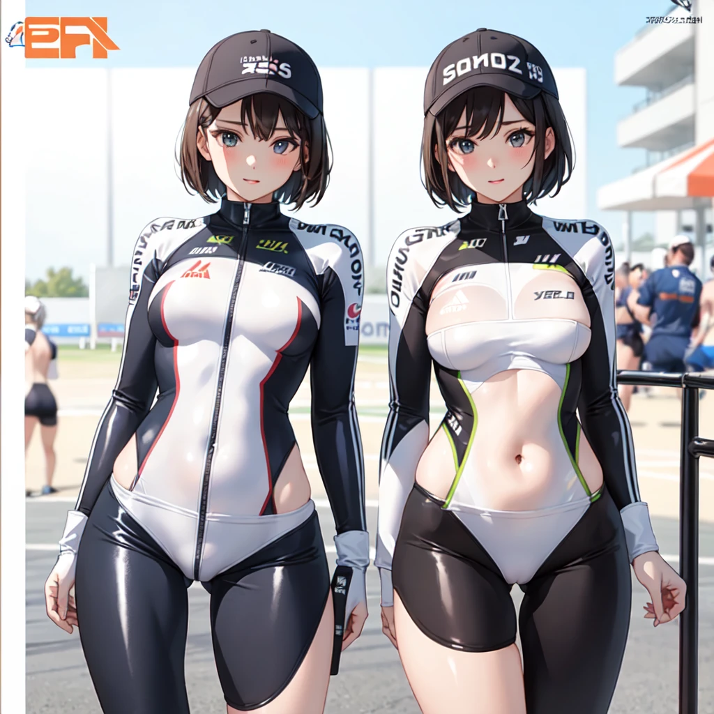 (masterpiece, best quality: 1.2), pretty girl, 18 yo, (white, race queen), (fight-fitting grid girl outfit with sponsor's logo printed:1.3), tight-fitting high leg leotard, long-sleeve latex leotard, medium breasts, cowboy shot, looking at viewer,
short hair,