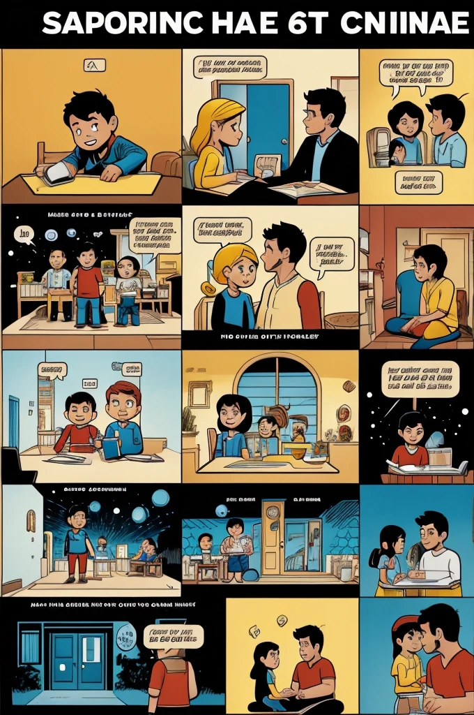 a comic containing only six scenes, all without dialogue,In Spanish language, Let your story be about something general and simple personal, in a very VERY simple and beginner's drawing style, VERY easy to copy for someone who doesn't know how to draw or from sticks please