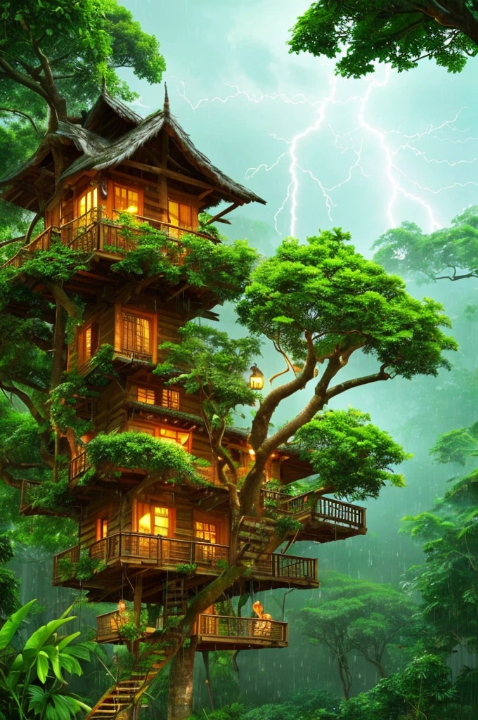  a monkey leaving his tree house, with rain outside, with lightning and thunder , In the middle of the dense jungle there are many trees , In the middle of the trees there are lights with thunder flashes , there is a bamboo slide, green full of leaves, with a consoling landscape for a beautiful story to tell.
