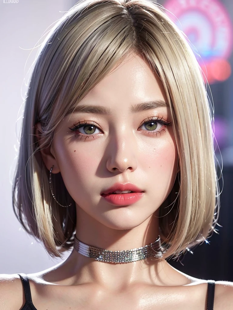 1girl, alone, solitary, high quality, (best quality,4k,8k,highres,masterpiece:1.2),ultra-detailed,(realistic,photorealistic,photo-realistic:1.37),gorgeous hair,white hair,short hair with bangs,sharp eyes,mole under the eye,plump lips,jewelry,(high detailed skin:1.4),(rim lighting:1.3),(lit:1.3),(sunny day:1.3),portrait,beautiful lips,bob haircut,seductive gaze,moles,casual clothes,colorful clothing,close up,bob hair,choker necklace,light eyes,bangs,fringe,dimples on the cheeks,dimples,platinum white hair,whitehair,platinum blonde hair,black,red lips,red lipstick,round lips,round pouty lips,pouty lips,douyin makeup,sparkly makeup,glitter,contact lenses,blue,green,pink,purple,wine red,highlights,braids,colored highlights