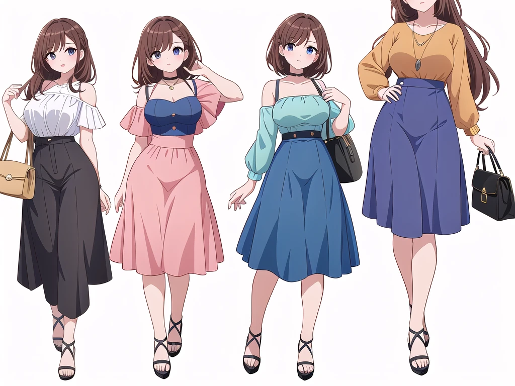 (((Best Quality))) , ((full body)), 4 lady, adult woman, multiple views, (((white background,))) variety of hairstyles, variety of fashion styles, seductive pose, fashionable and trendy atmosphere, holding bag, summer outfits, walk pose, dark blue/dark orange/dark green/dark violet/brown/white, short pants, bustier,