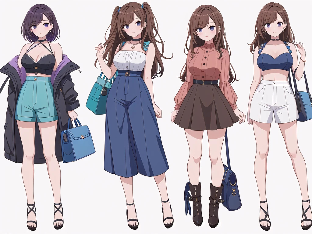 (((Best Quality))) , ((full body)), 4 lady, adult woman, multiple views, (((white background,))) variety of hairstyles, variety of fashion styles, seductive pose, fashionable and trendy atmosphere, holding bag, summer outfits, walk pose, dark blue/dark orange/dark green/dark violet/brown/white, short pants,   bustier,
