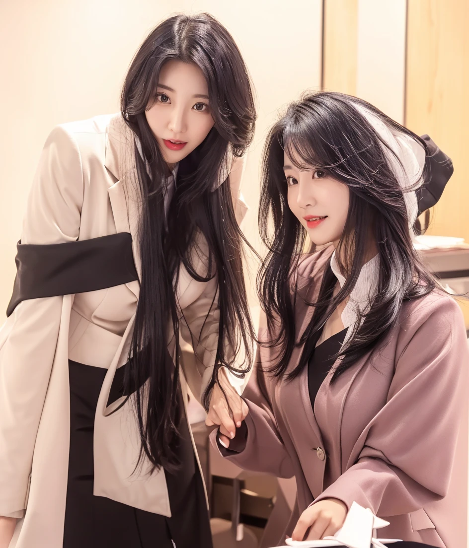 two woman standing next to each other(wearingOffice secretary clothes,Very large breasts hidden under the clothes, their hair become black hair, their face become beautiful korean face:1.2)