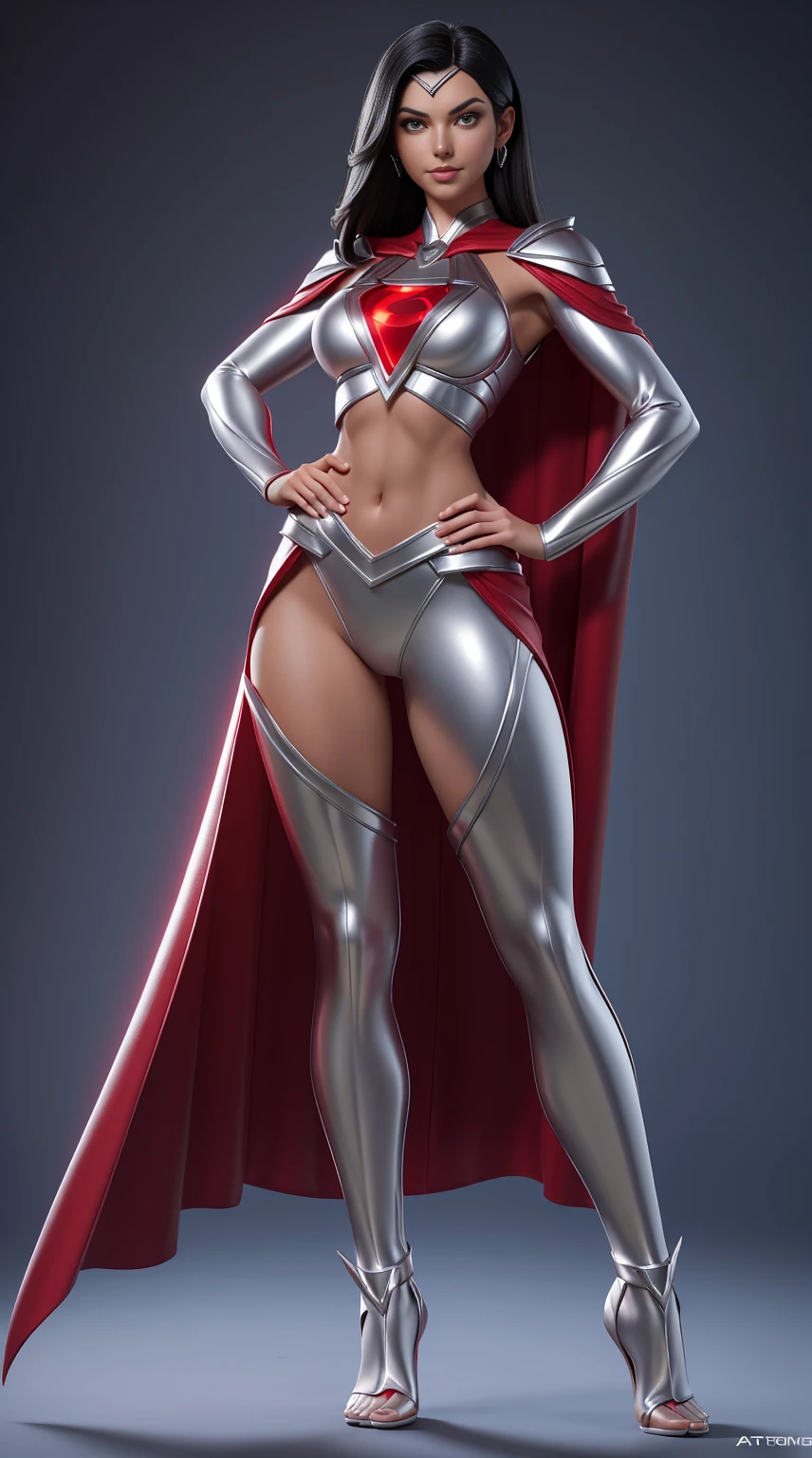 ((full body photo, standing, feet on the ground)) Sexy superheroine goddess shoulder length black hair glowing eyes wears a red outfit silver shoulder pads silver bracelets revealing abs midriff a Z symbol on her chest, and a cape portrait photography by artgerm, in the style of realism, glistening skin,, natural lighting, Defined full lips. Muscular fitness feminine body full body